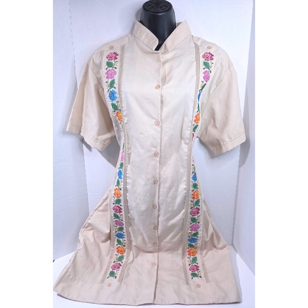 D'Mejia Linen Guayabera Dress Beige Floral Embroidered Mexican Midi MX 42/US XL
